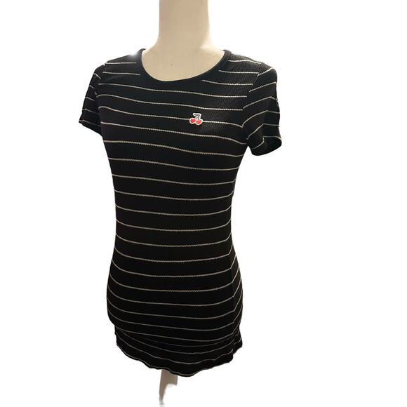 Sundry Black/Gray Stripe Waffle Knit Dress with Cherry Appliqué, Size Small NWT - Picture 2 of 7